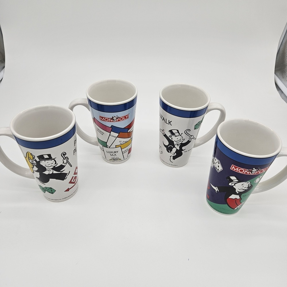 Vintage 1999 Monopoly Game 6" Tall Coffee Tea Mug Set of 4 Hasbro Board Game